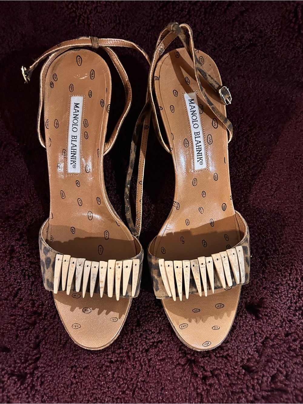 Manolo Blahnik Brown Leopard Print Fringe Strap Sandals with Cream Fringe
